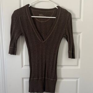 Mossimo Supply Co. Brown Ribbed V-Neck Short Sleeve Top